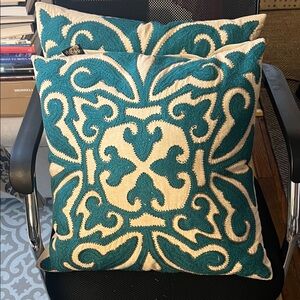 Two Teal and Cream Decorative Throw Pillow - Embroidered Home Accent